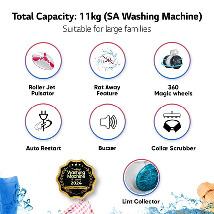 LG 11 Kg 5 Star Wind Jet Dry Rat Away Technology Semi-Automatic Top Loading Washing Machine (P1155SKAZ, Roller Jet Pulsator, Punch + 3, Middle Black) 