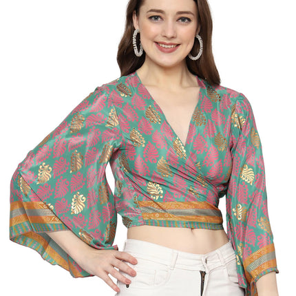 KE Kanha exportsWomen’s and Girls/Ladies Wrap Around Tops Beach wear Tunic Top V Neck Silk Casual Sleeve Printed Top Relaxed Fit Free Size