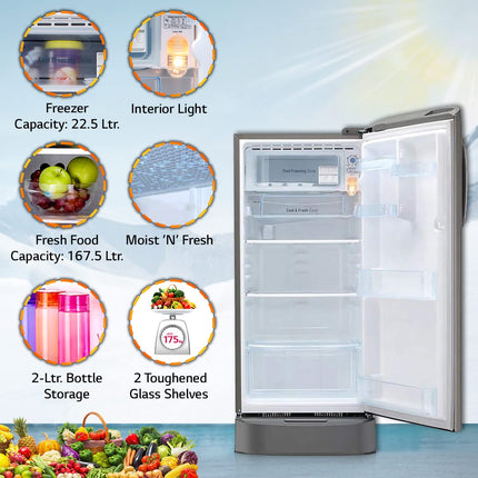 LG 185 L 5 Star Inverter Direct-Cool Single Door Refrigerator (GL-D201APZU, Shiny Steel, Base stand with drawer)