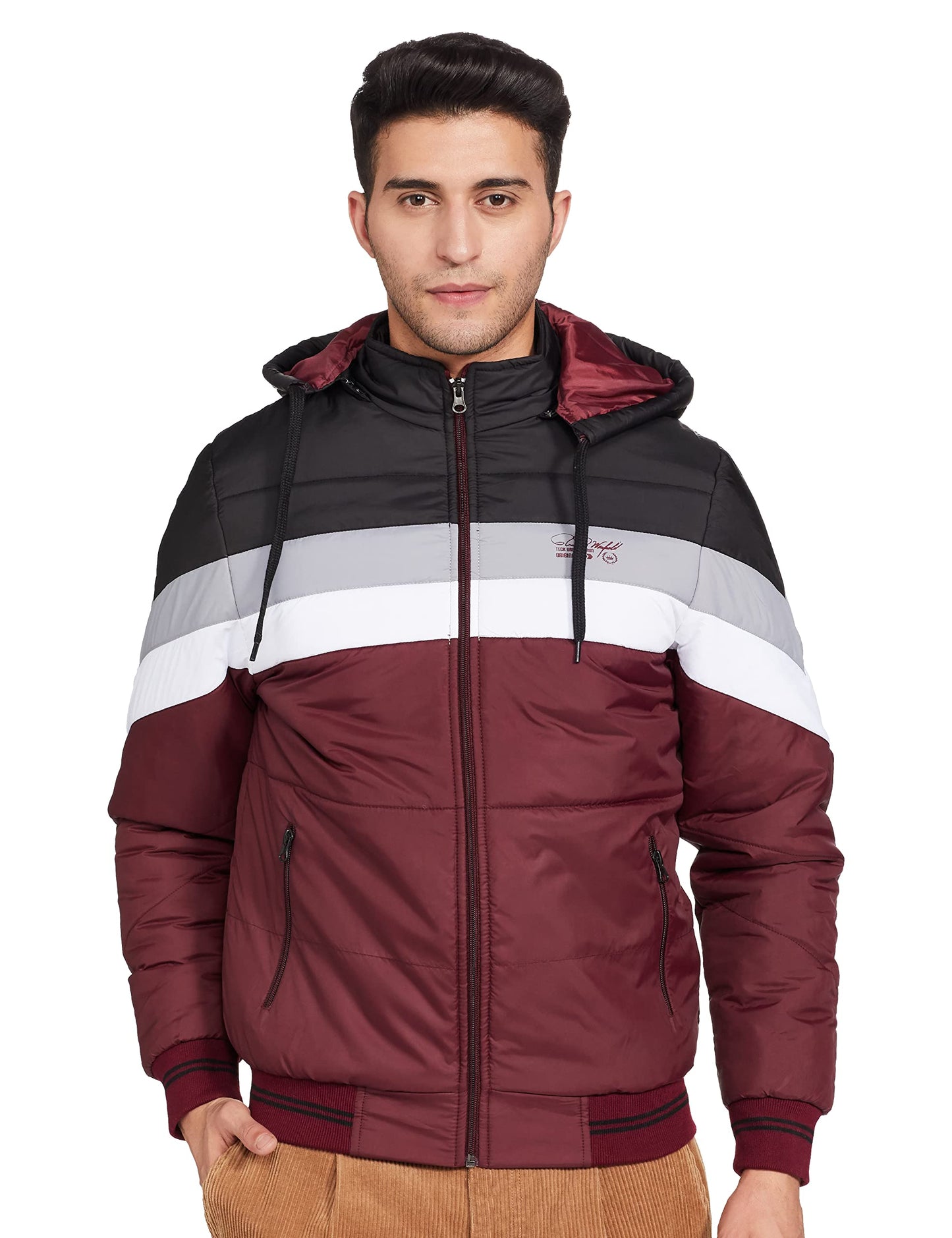 Men's Regular Fit Quilted Bomber Jacket with Detachable Hood - Winter Warm, Insulated Lining, Ribbed Cuffs, and Stylish Design