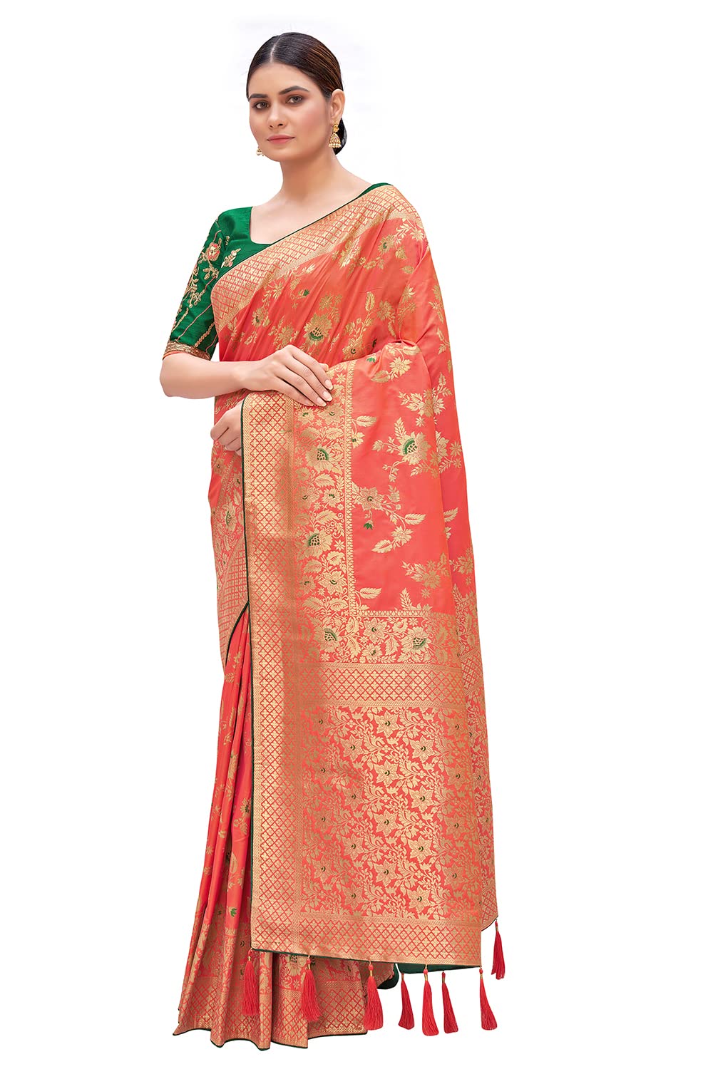 Monjolika Fashion Women's Banarasi Silk Blend Zari Woven Work With Tussles Saree and Embroidered Work Blouse Piece(37769 color)