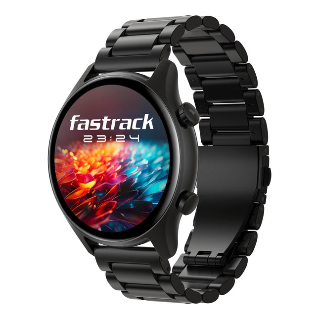 Fastrack New Astor FS1 PRO Smart Watch, Large Super AMOLED Display (1.97") AOD, AI Voice Assistance, Functional Crown, SingleSync BT Calling, 100+ Sports Modes & Smartwatch Faces, IP68 (Black)