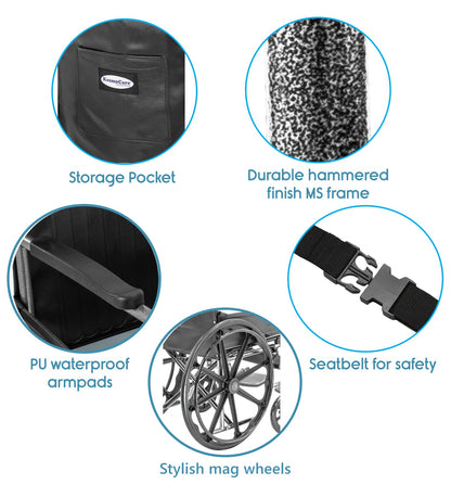 KosmoCare Dura Rexine Wheelchair | Self-Propelled & Attendant Use | Hammered Finish MS Frame | 24" Mag Wheels | Removable Footrests | Foldable Design | Comfortable Rexine Seat | Supports Up to 100 kg