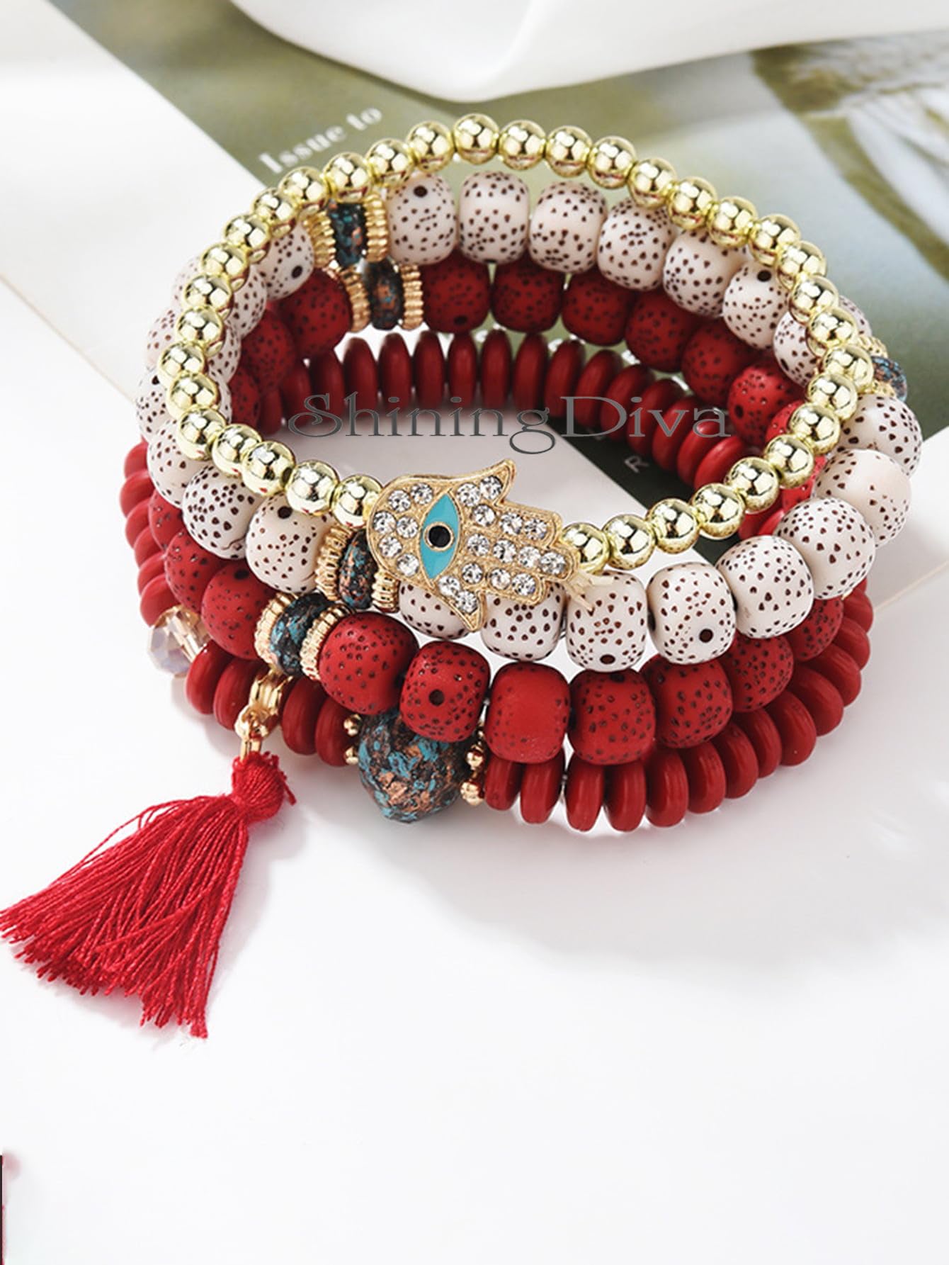 Shining Diva Fashion Bohemian Stackable Multilayer Hamsa Hand Evil Eye Lucky Protection Bracelets Multicolor Crystal Charm Beaded Bracelet for Women Girls