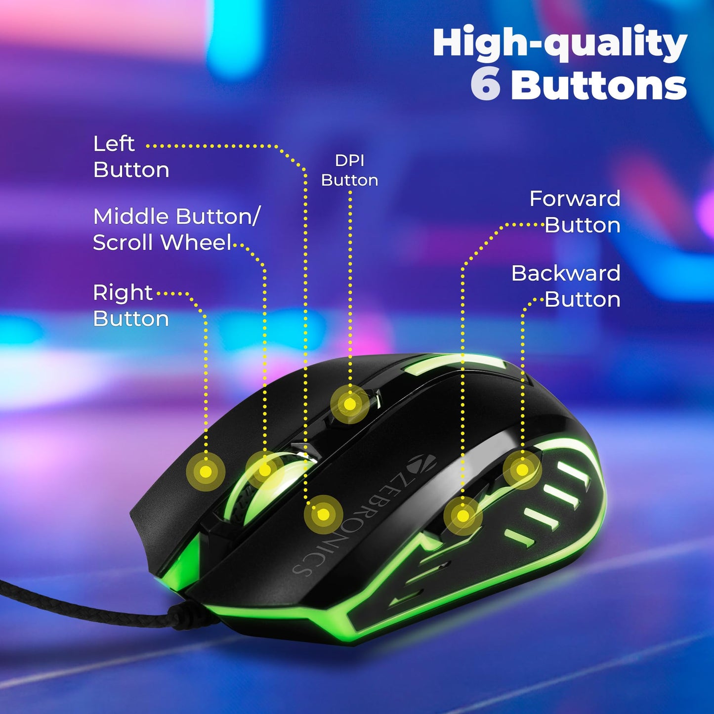 ZEBRONICS-Transformer-M with a High-Performance Gold-Plated USB Mouse: 6 Buttons, Multi-Color LED Lights,High-Resolution Sensor with max 3600 DPI, and DPI Switch(Black)