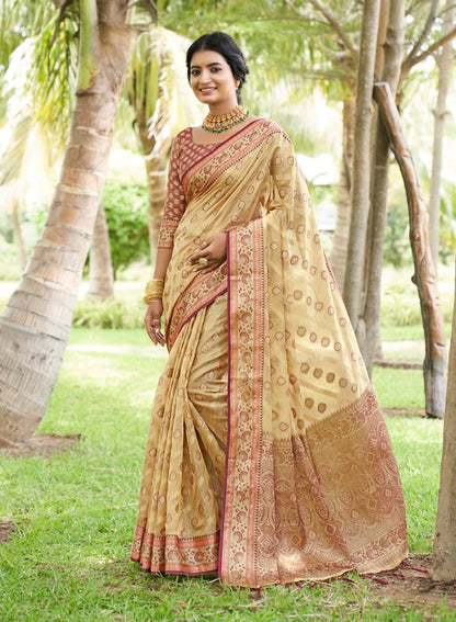 SGF11 Women's Organza Kanjivaram Pure Soft Silk Handloom Saree Pure Golden Zari With Blouse Piece