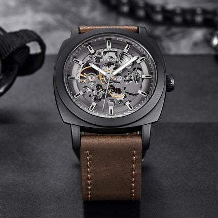 BENYAR Automatic Mechanical Skeleton Leather Strap Men's Watch