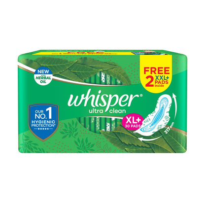 WHISPER ULTRA HYGIENE+COMFORT SANITARY PADS, 50 XL+ PADS, FOR HEAVY FLOW, LONG LASTING PROTECTION, LOCKS ODOUR & WETNESS, DRY TOP SHEET, DISPOSABLE WRAPPER