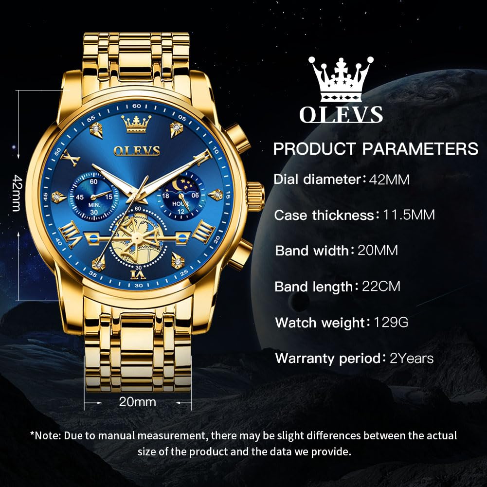 OLEVS Mens Watches Chain Chronograph Business Dress Quartz Stainless Steel Wrist Watch Waterproof Luminous Date