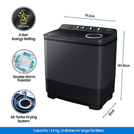 Samsung 9.5 Kg, 5 Star, Semi-Automatic Washing Machine (WT95A4260GD/TL, Air Turbo Drying, Dark Gray, Awarded as Washing Machine Brand of the year) 