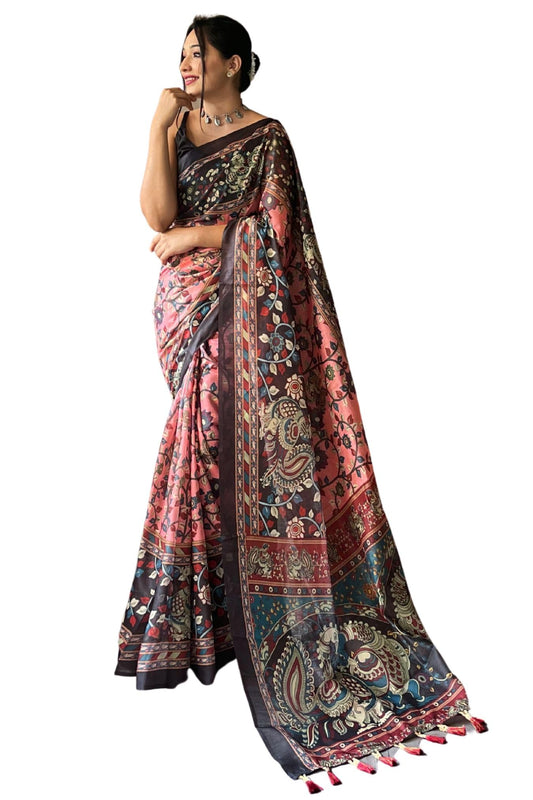 SGF11 Women's Cotton Linen Kalamkari Silk Printed Saree With Blouse Piece