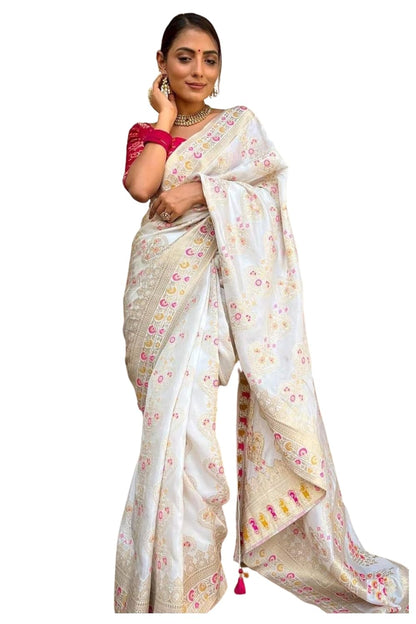 SGF11 Women's Kanjivaram Soft Lichi Silk Saree With Blouse Piece Traditional (White)