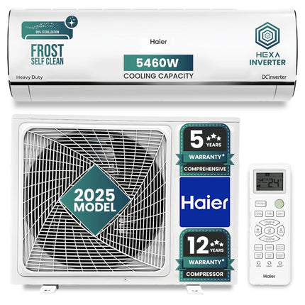 Haier 1.6 Ton 5 Star HEXA Inverter Split AC (5460W, Copper, Heavy Duty, 4 way Swing, Frost Self Clean, 7 in 1, HD Filter, Cools at 60°C, 20 Mtr. Air Throw - HSU19K-PYSC5BN-INV, 2025 Model - White) 