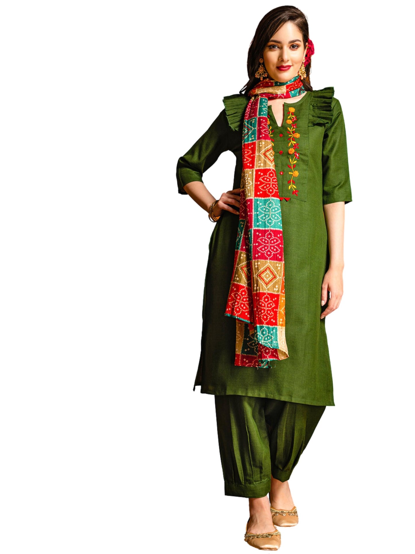 EthnicJunction Women's Embroidered Mirror Work Cotton Straight Salwar Kurta Dupatta Set