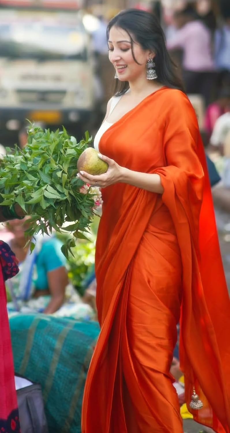 SATAZ Women's Ready to Wear Orange Plain Satin Silk 1 Minute Pre Pleated Saree with Unstiched Orange Blouse