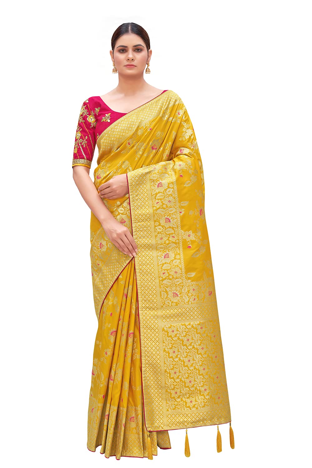 Monjolika Fashion Women's Banarasi Silk Blend Zari Woven Work With Tussles Saree and Embroidered Work Blouse Piece(37769 color)