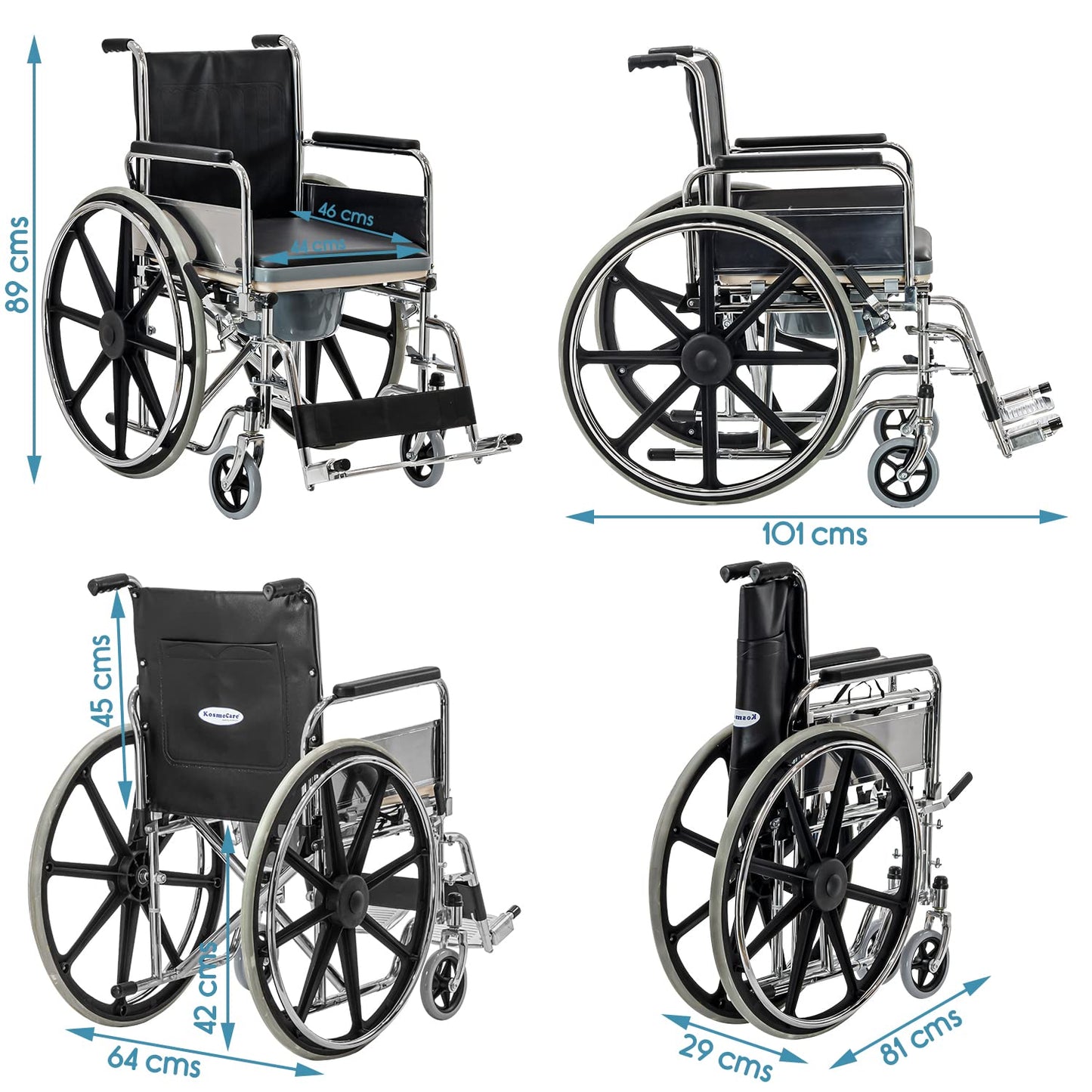 KosmoCare Dura Rexine Wheelchair | Self-Propelled & Attendant Use | Hammered Finish MS Frame | 24" Mag Wheels | Removable Footrests | Foldable Design | Comfortable Rexine Seat | Supports Up to 100 kg