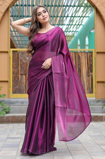 SATAZ Women's Ready to Wear Jimichu Silk One Minute Readymade Traditional Designer Wine Saree With Unstitched Blouse