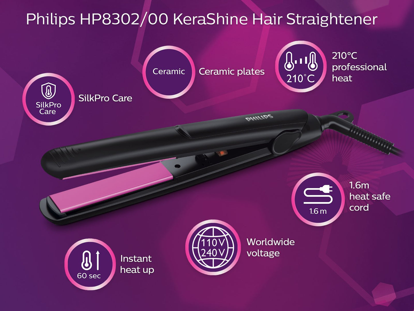 Philips Selfie Hair Straightener I Minimized Heat Damage with SilkPro Care I Ceramic Coated Plates I No.1 Preferred Hair Styling Appliance Brand I HP8302/06