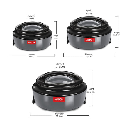 Milton Micronova Jr. Gift Set Inner Stainless Steel Casserole, Set of 3 (380 ml, 775 ml, 1345 ml), Grey, BPA Free, Food Grade, Hot and Cold, Microwaverable Steel, Dishwasher Safe, Chapati, Roti