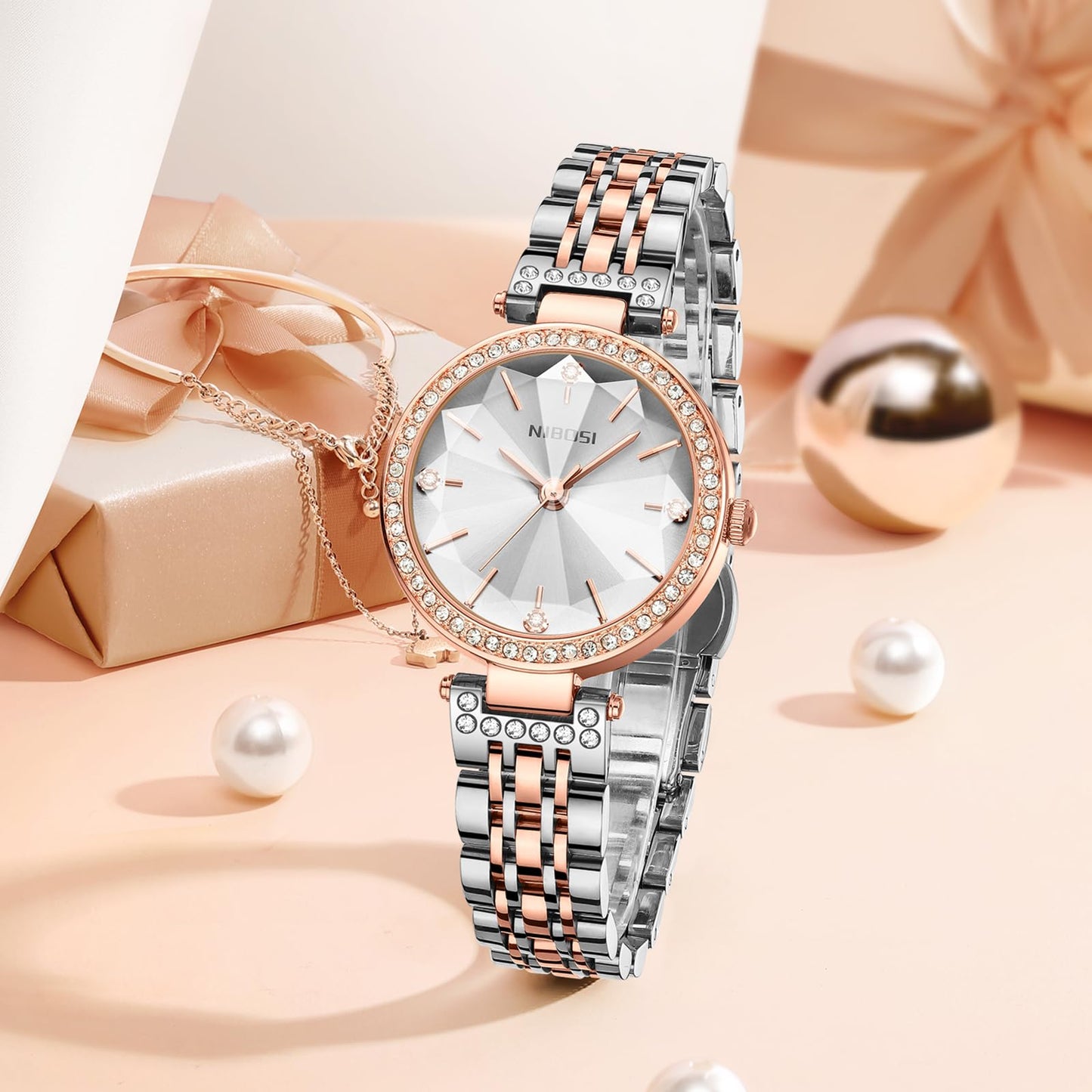 NIBOSI Women Stainless Steel Watches Analog Rose Gold Band and Square Dial Women's Watch for Girls&Miss&Ladies Diamond Studded with Stylish Watches Waterproof