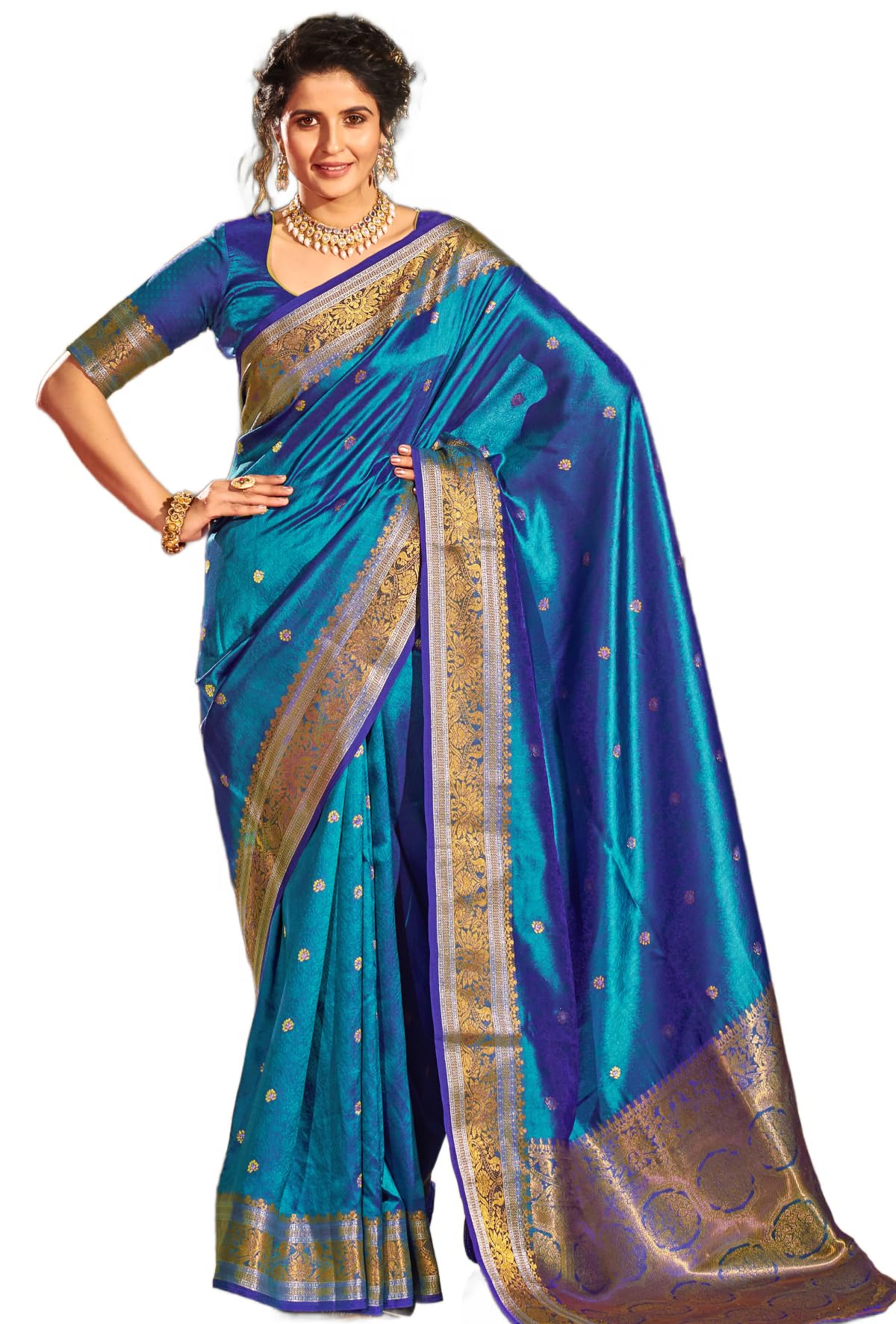 SWORNOF Womens Kanjivaram Silk Saree with Zari Woven Saree With Blouse Piece