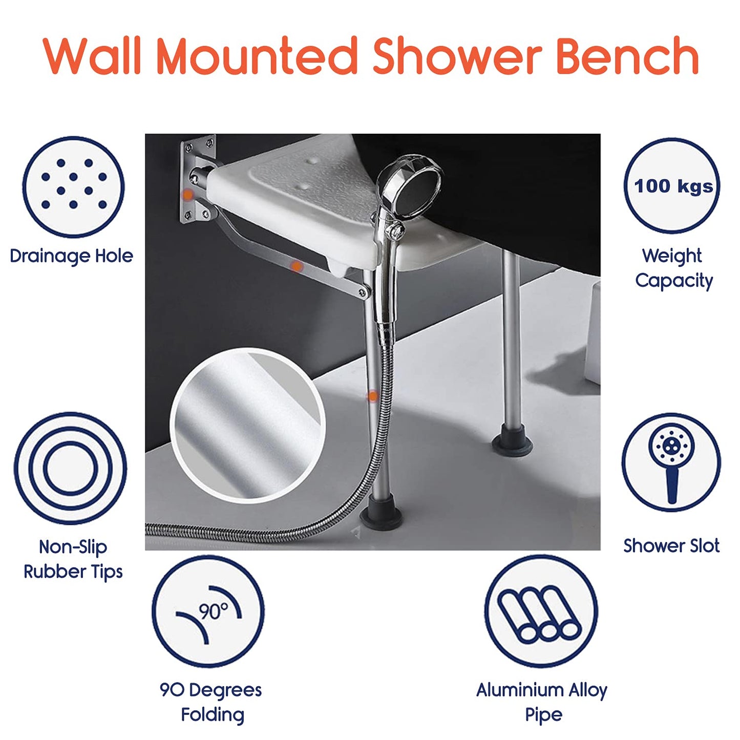 KosmoCare Wall Mounted Shower Bench | Folding Shower Chair | Bathroom Stool Fold Away Shower Seat | Folding Shower Stool with Anti-Slip Rubber Tips for Safety of Seniors & Elderly |