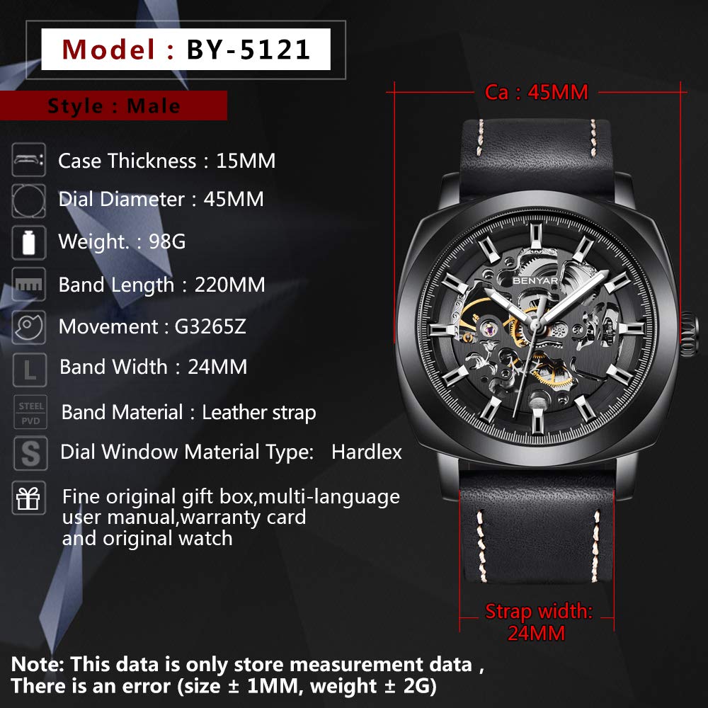 BENYAR Automatic Mechanical Skeleton Leather Strap Men's Watch