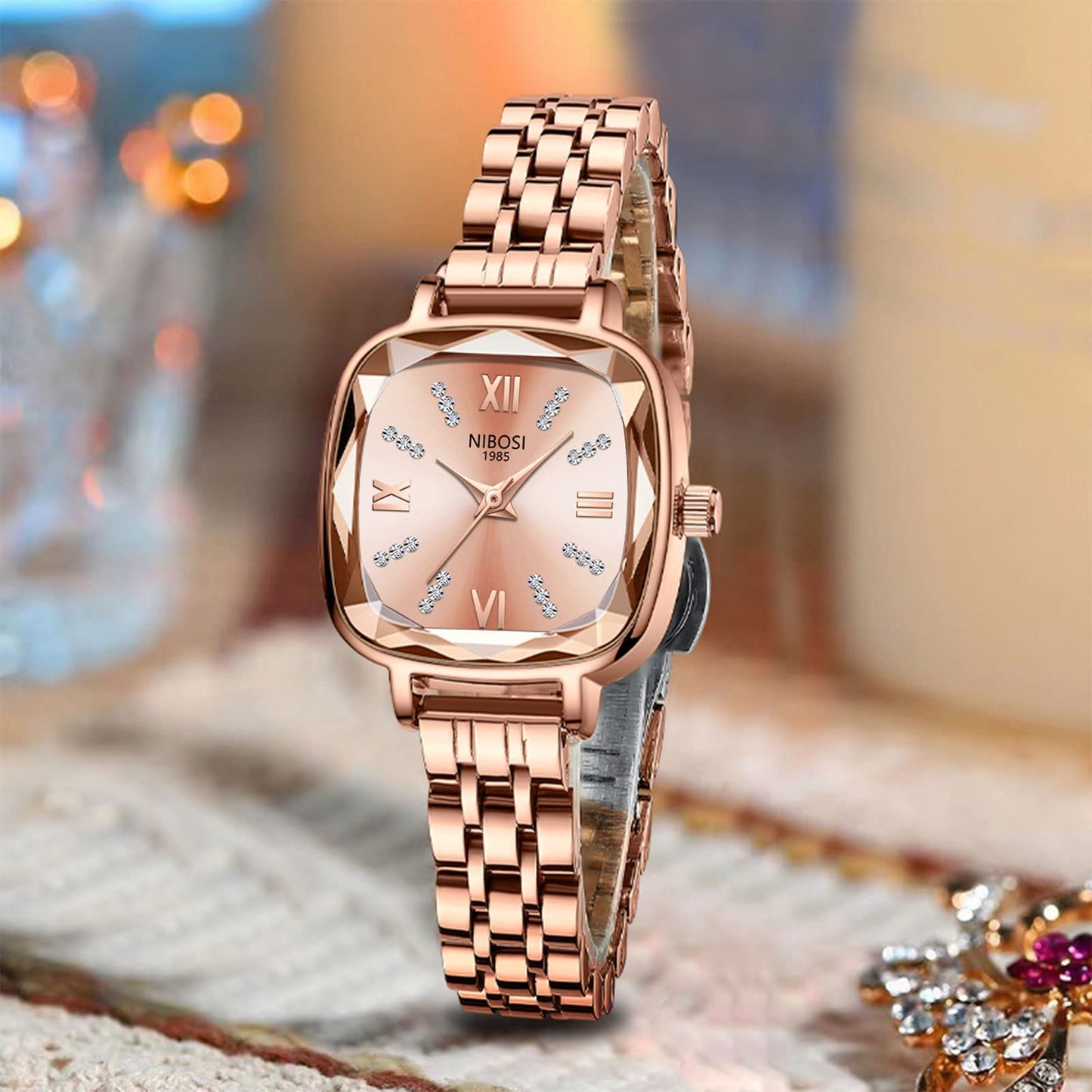 NIBOSI Women Stainless Steel Watches Analog Rose Gold Band and Square Dial Women's Watch for Girls&Miss&Ladies Diamond Studded with Stylish Watches Waterproof