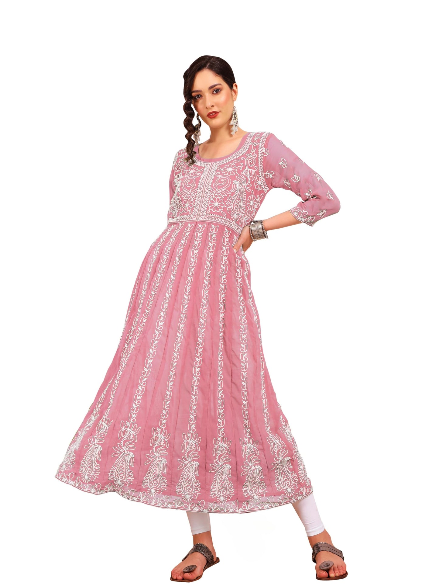 EthnicJunction Women's Lucknowi Chikankari Embroidered Thread Work Georgette Anarkali Kurta