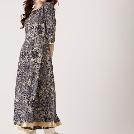 Libas Women's Chanderi Printed Anarkali Kurta (4799_Blue 