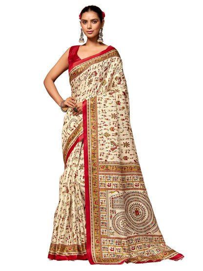 EthnicJunction Women's Art Silk Warli Print Saree With Blouse Piece