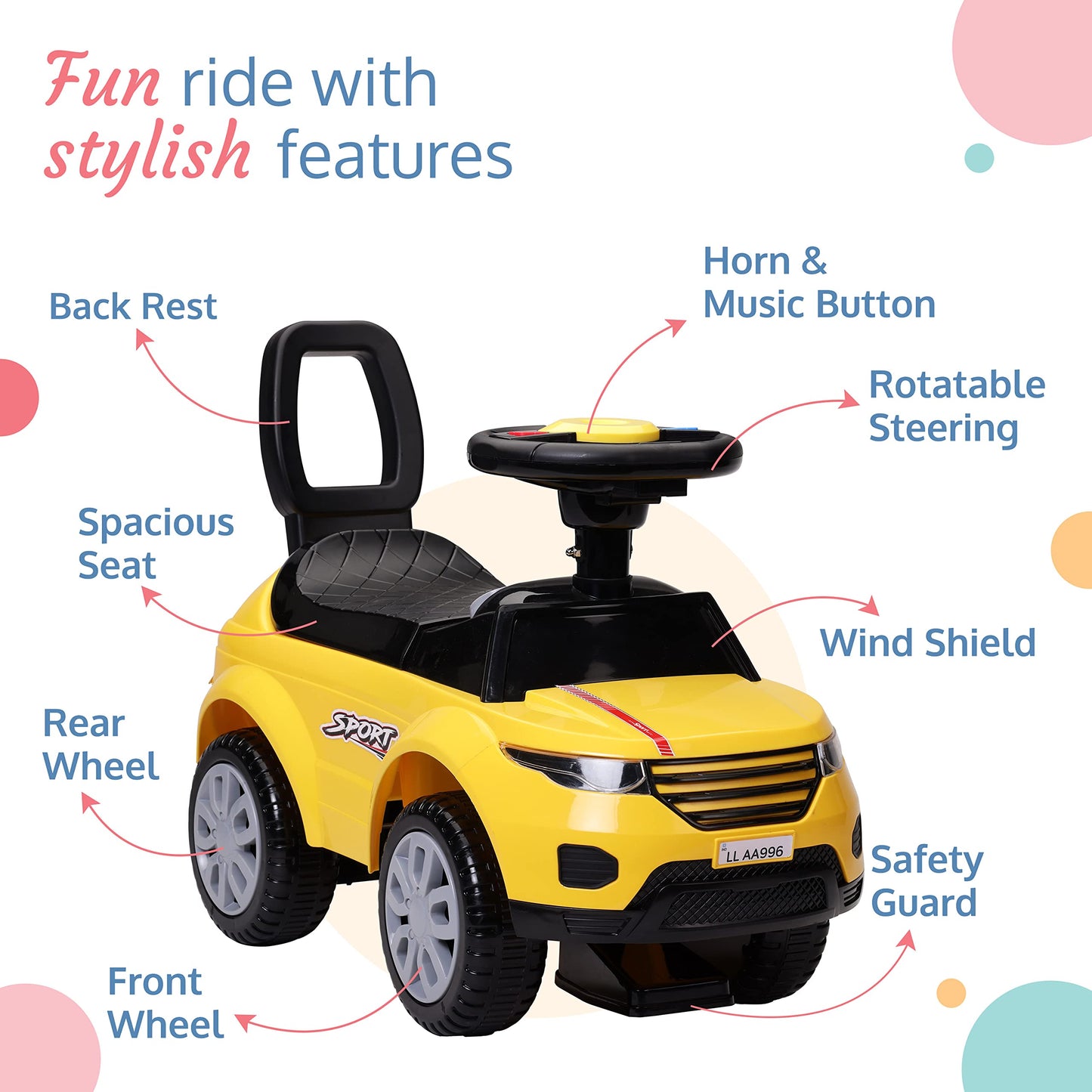 LuvLap Starlight Ride on & Car for Kids with Music & Horn Steering, Push Car for Baby with Backrest, Safety Guard, Under Seat Storage & Big Wheels, Ride on for Kids 1 to 3 Years Upto 25 Kgs (Orange)