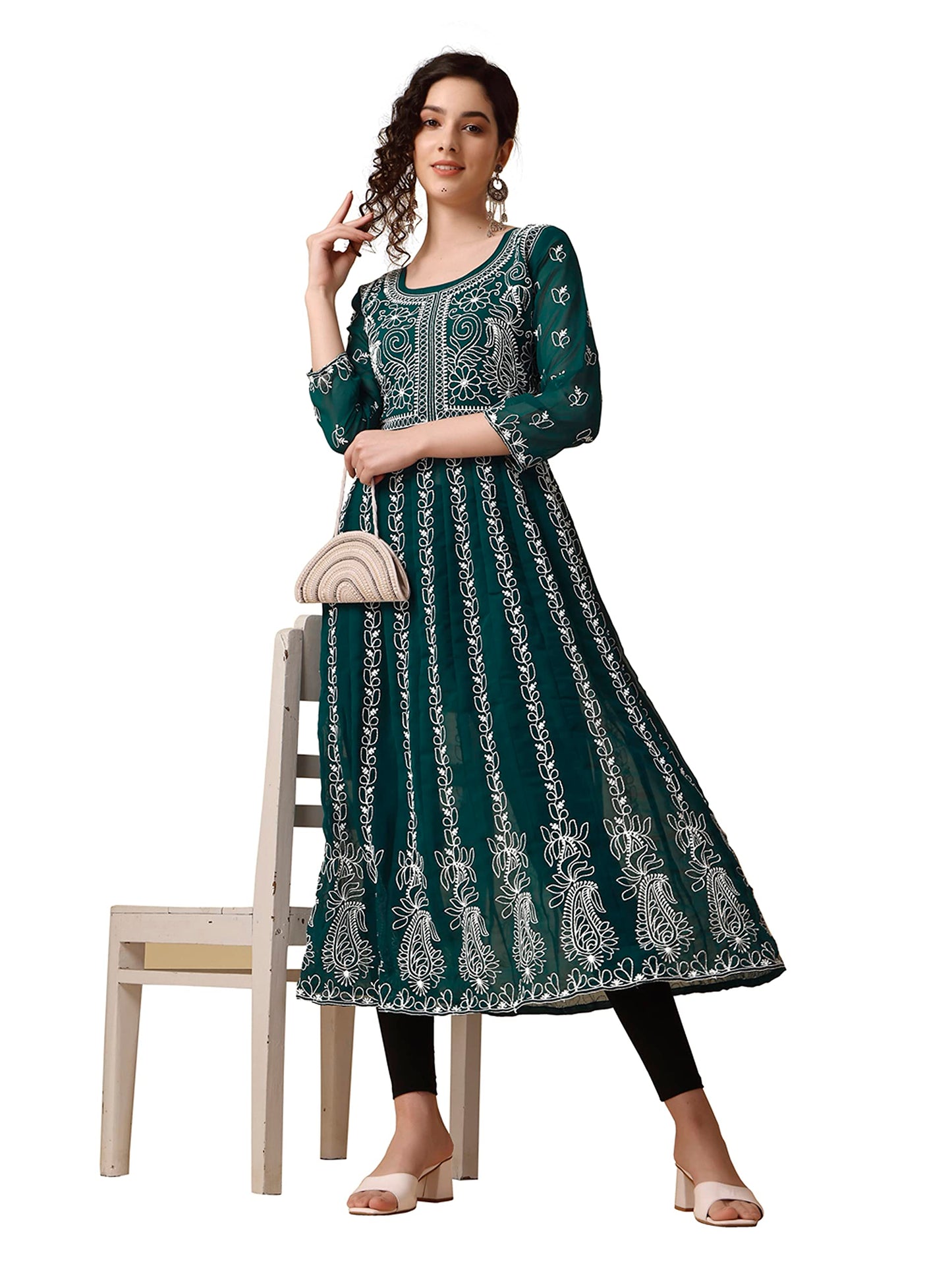 EthnicJunction Women's Lucknowi Chikankari Embroidered Thread Work Georgette Anarkali Kurta