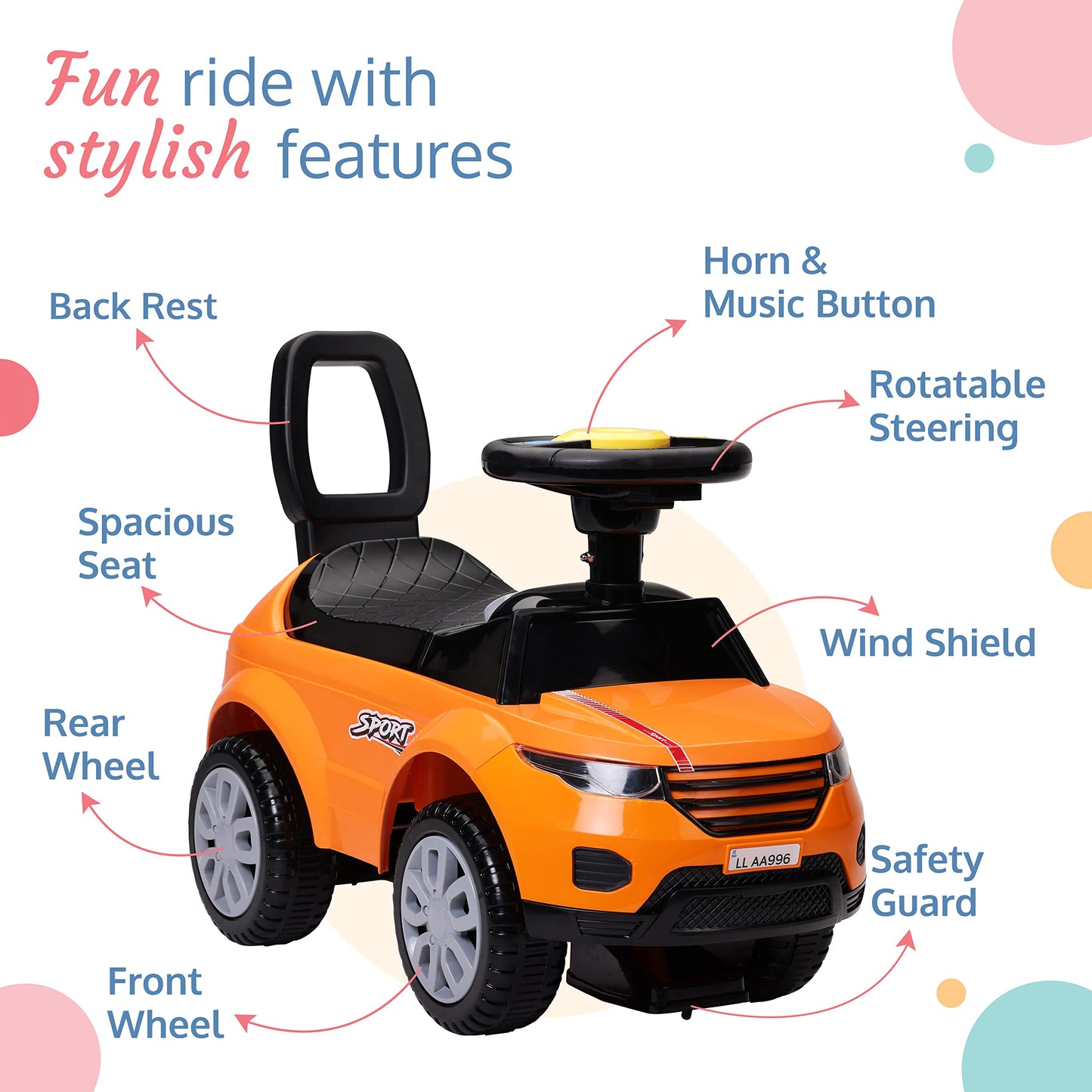 LuvLap Starlight Ride on & Car for Kids with Music & Horn Steering, Push Car for Baby with Backrest, Safety Guard, Under Seat Storage & Big Wheels, Ride on for Kids 1 to 3 Years Upto 25 Kgs (Orange)