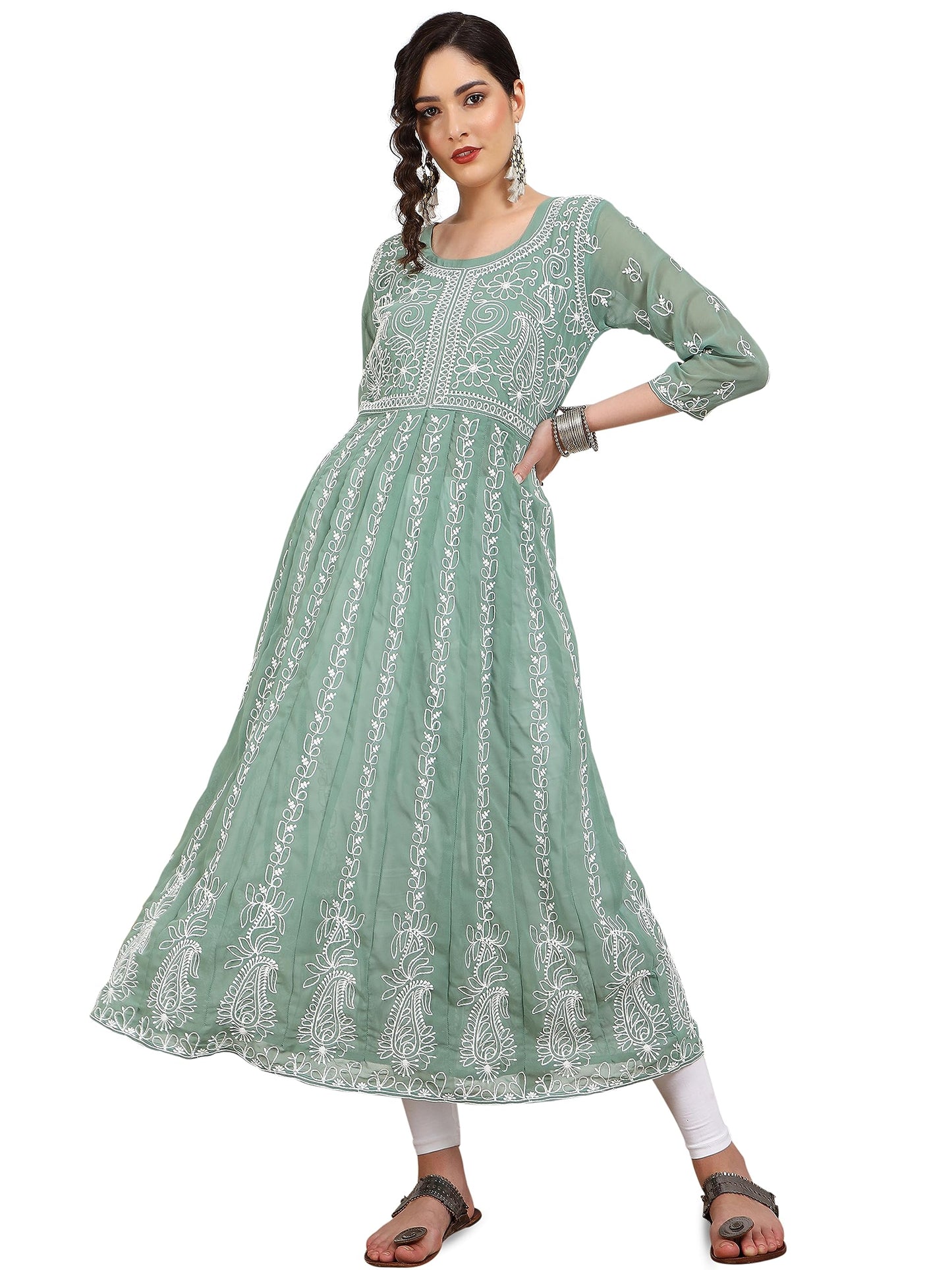 EthnicJunction Women's Lucknowi Chikankari Embroidered Thread Work Georgette Anarkali Kurta