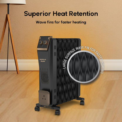 Havells 11 Fin Hestio Straight Fin OFR (Oil Filled Radiator)|Room Heater|2900 W|3 Heat Settings & PTC Fan Heater|Inclined Control Panel|Retractable Wheels| Comfortable Breathing|360° Heating (Black)