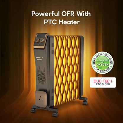 Havells 13 Fin Hestio Wave Fin OFR (Oil Filled Radiator)|Room Heater|2900 W|3 Heat Settings & PTC Fan Heater|Inclined Control Panel|Retractable Wheels| Comfortable Breathing|360° Heating (Black)