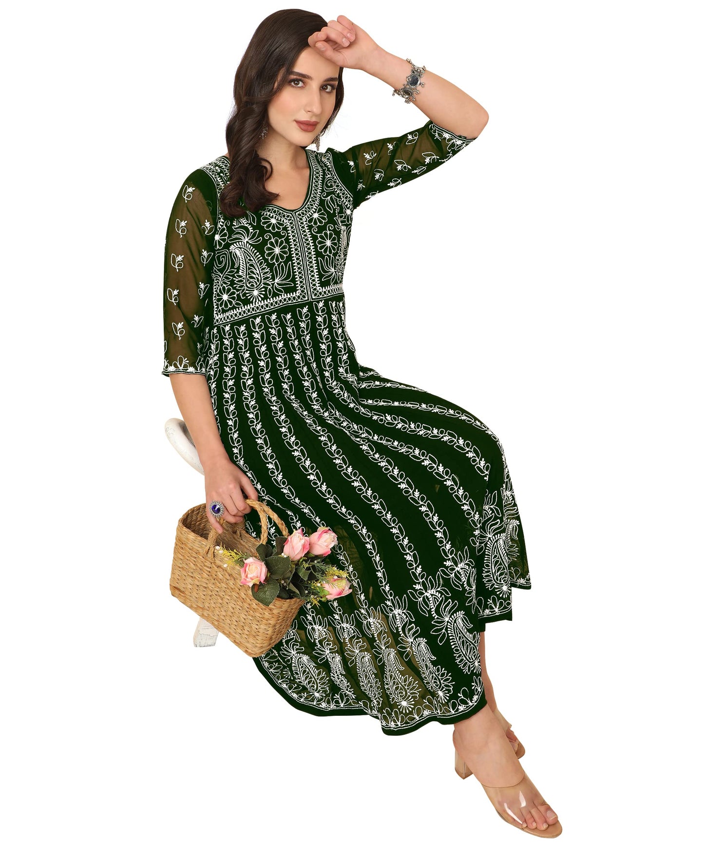 EthnicJunction Women's Lucknowi Chikankari Embroidered Thread Work Georgette Anarkali Kurta