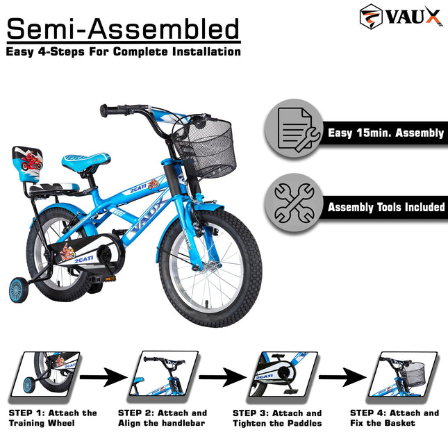 Vaux 2Cati 16T Cycle for Boys with Sidewheels, Basket & Backseat, Bicycle for Kids with Steel Frame, Alloy Rims & Tubular Tyres, Cycle for Kids 4 to 6 Years with Ideal Height 3.3ft to 3.9ft(Blue) 