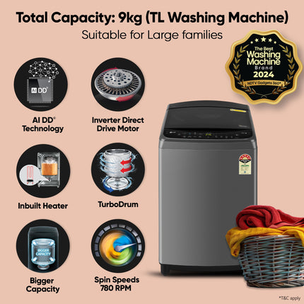 LG 9.0 Kg, 5 Star, AI Direct Drive Technology, Steam Wash for Allergy Removal, Fully-Automatic Top Loading Washing Machine (THD09SPM, Middle Black, More Fabric Care & Convenience, In-Built Heater) 