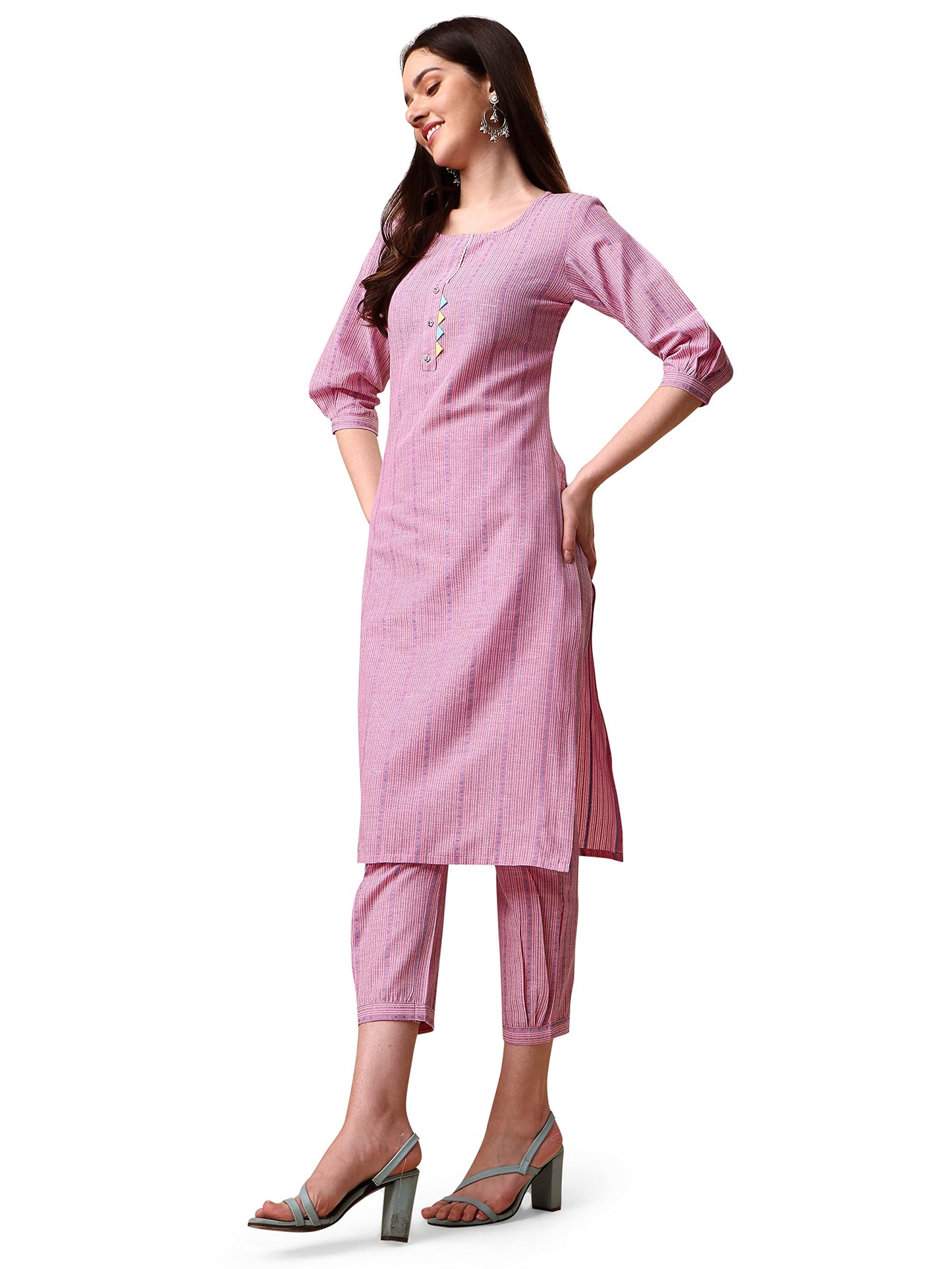 EthnicJunction Women's Rayon Woven Striped Work Straight Kurta With Pant