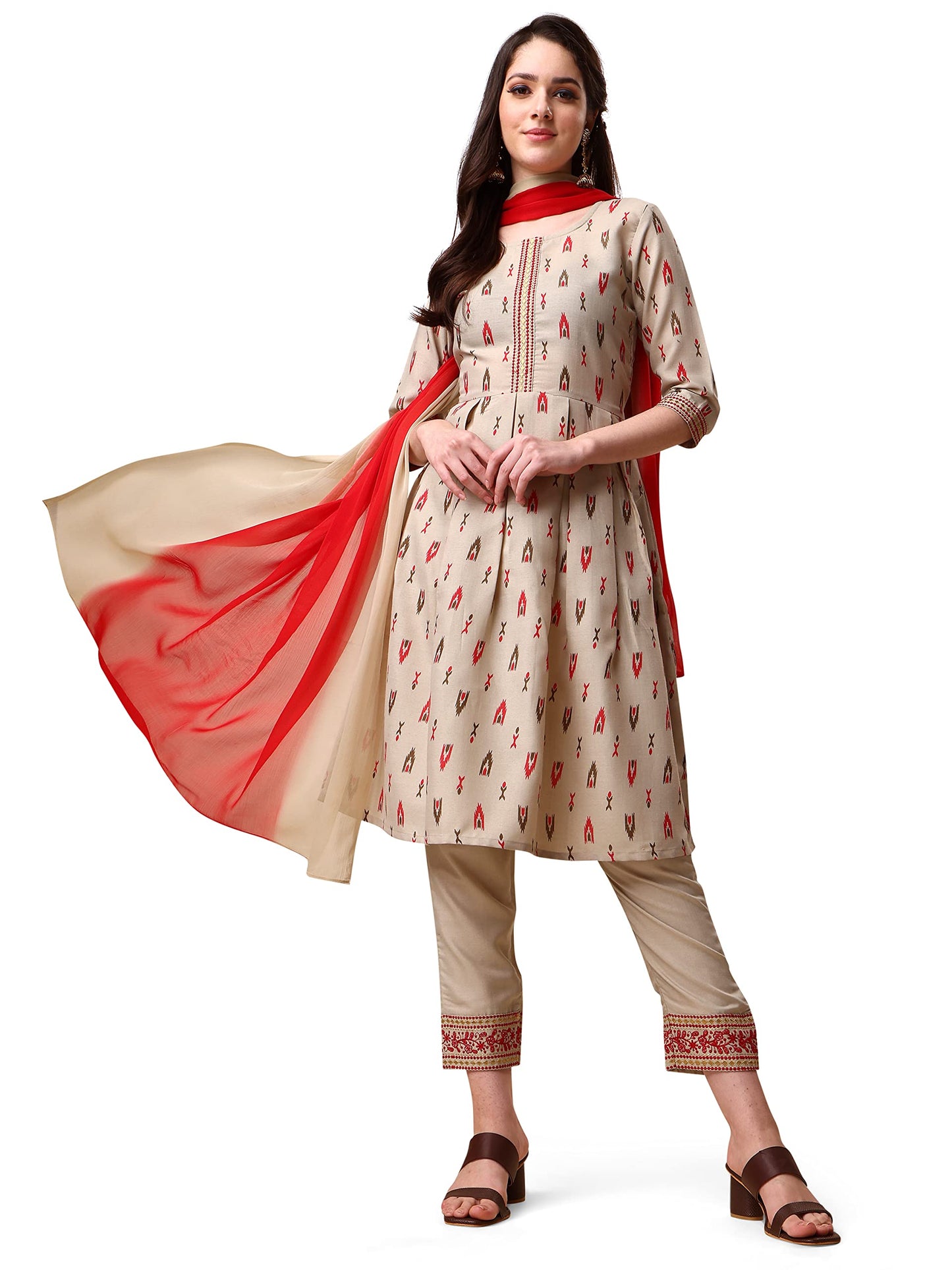 EthnicJunction Women's Geometric Print Cotton Blend A-Line Kurta Pant with Dupatta Set