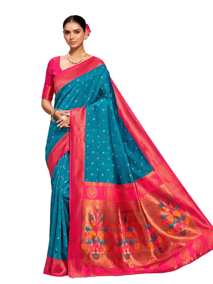 EthnicJunction Women's Silk Woven Paithani Saree With Blouse Piece