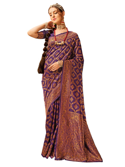 EthnicJunction Women's Kanchipuram Silk Half and Half Woven Saree With Blouse Piece