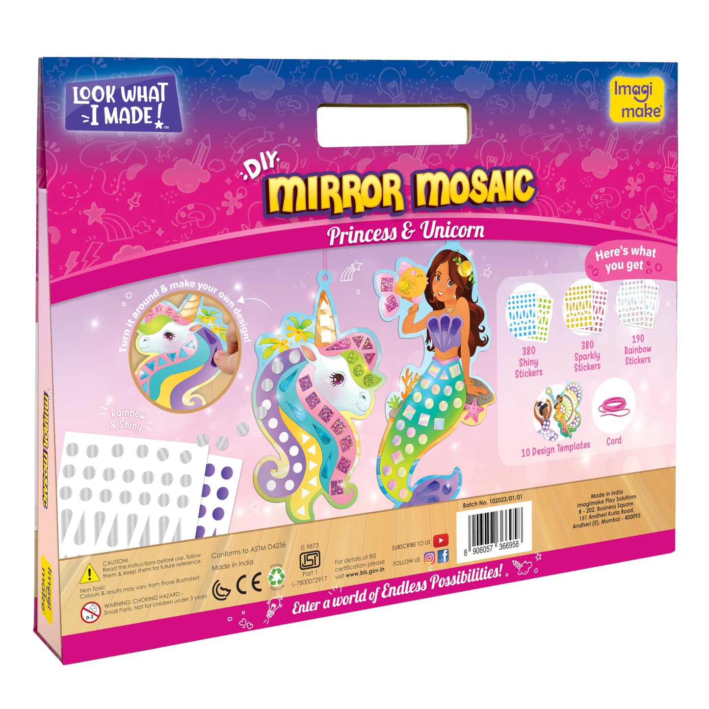 Imagimake Mirror Mosaic : Princess & Unicorn | Mess Free Diy Mosaic Craft Kit | 950+ Foil Sticker | Travel Toys For Girls | Birthday Gift For Girls Ages 3,4,5,6,7,8, Pink