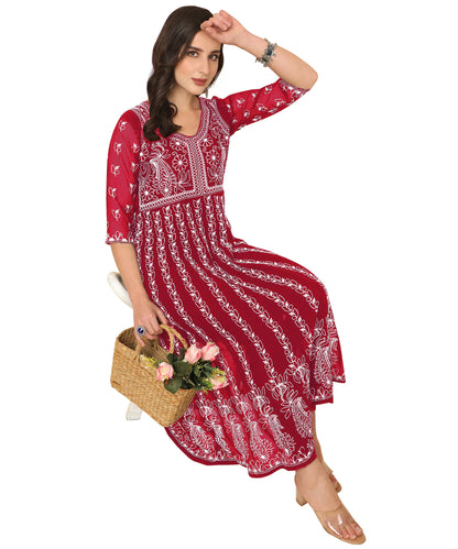 EthnicJunction Women's Lucknowi Chikankari Embroidered Thread Work Georgette Anarkali Kurta