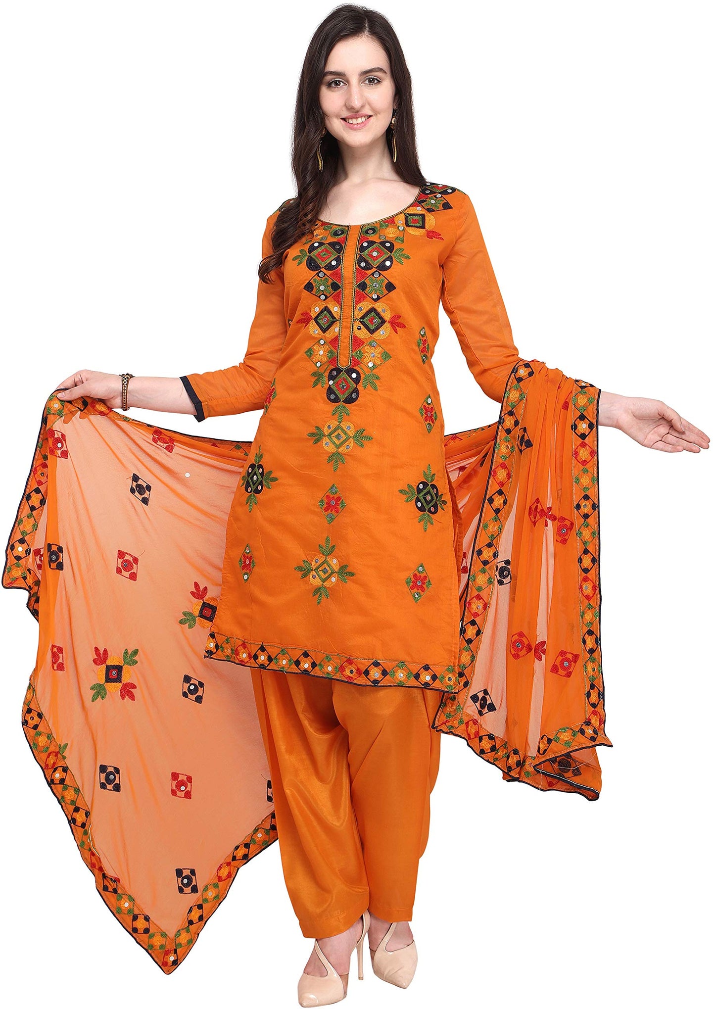 EthnicJunction Women's Chanderi Cotton Embroidered And Mirror Work Unstitched Salwar Suit Material