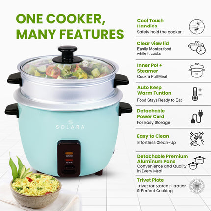 SOLARA 1Litre One Touch Rice Cooker, Automatic Electric Cooker with Food Steamer, Electric Rice Cooker and Grain Cooker, 400 Watts, Rice Cooker 1 Litre with Steam & Rinse Basket, Aqua 