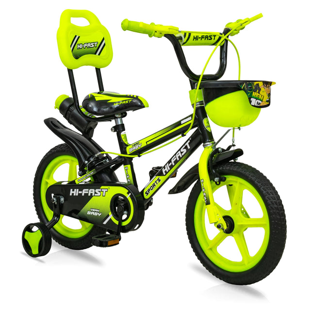 HI-FAST 14 inch Sports Kids Cycle for Boys & Girls 3 to 5 Years with Training Wheels (95% Assembled) (Green) 